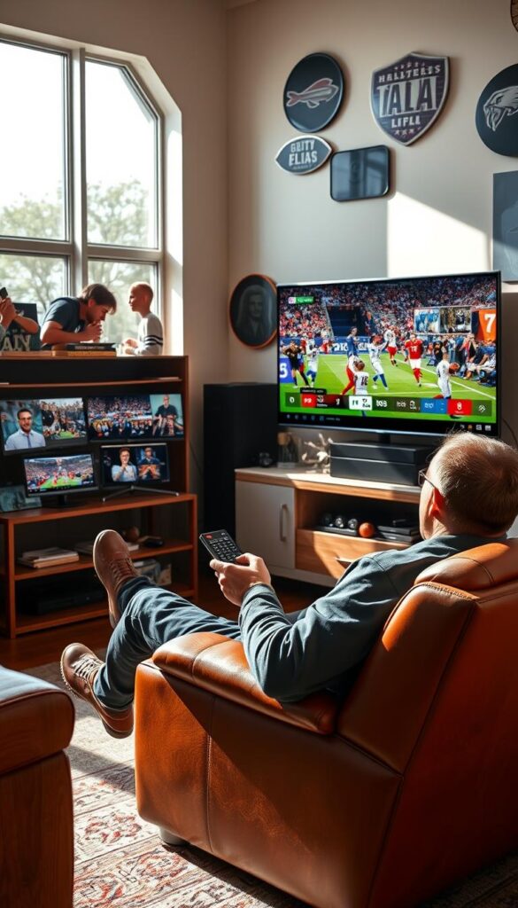 A high-quality sports IPTV service with the Hoxtoon Provider brand, featuring a sleek and modern interface. A sports fan sits comfortably on a leather armchair, remote in hand, surrounded by sports memorabilia. The room is well-lit by natural light streaming through large windows, creating a warm and inviting atmosphere. On the TV screen, a variety of live sporting events are playing, showcasing the breadth of content available on the Hoxtoon IPTV platform. The overall scene conveys the legal and responsible enjoyment of IPTV services for sports enthusiasts in the USA.
