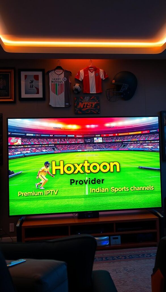 A high-quality sports broadcast setup with a large 4K OLED TV displaying the "Hoxtoon Provider" logo, showcasing the vibrant colors and clarity of premium IPTV for Indian sports channels. The scene features sports memorabilia, a sports-themed décor, and ambient lighting that creates a cozy, immersive atmosphere for the ultimate sports viewing experience. The composition emphasizes the technological sophistication and premium nature of the IPTV service, catering to the needs of Indian sports fans living in the USA.