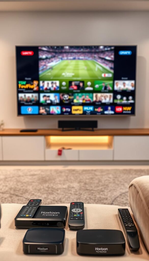A high-quality sports streaming experience with Hoxtoon Provider, showcasing an array of vibrant IPTV sports channels. In the foreground, a sleek flat-screen TV displays a live soccer match, its crisp visuals and smooth frame rate captivating viewers. In the middle ground, various remote controls and streaming devices sit neatly arranged, highlighting the versatility of Hoxtoon's offerings. The background features a modern home theater setup, with ambient lighting and a minimalist design, creating a cozy and immersive atmosphere for sports enthusiasts. The overall scene conveys the reliable performance, comprehensive channel selection, and seamless integration that Hoxtoon Provider delivers for a premium sports streaming experience.