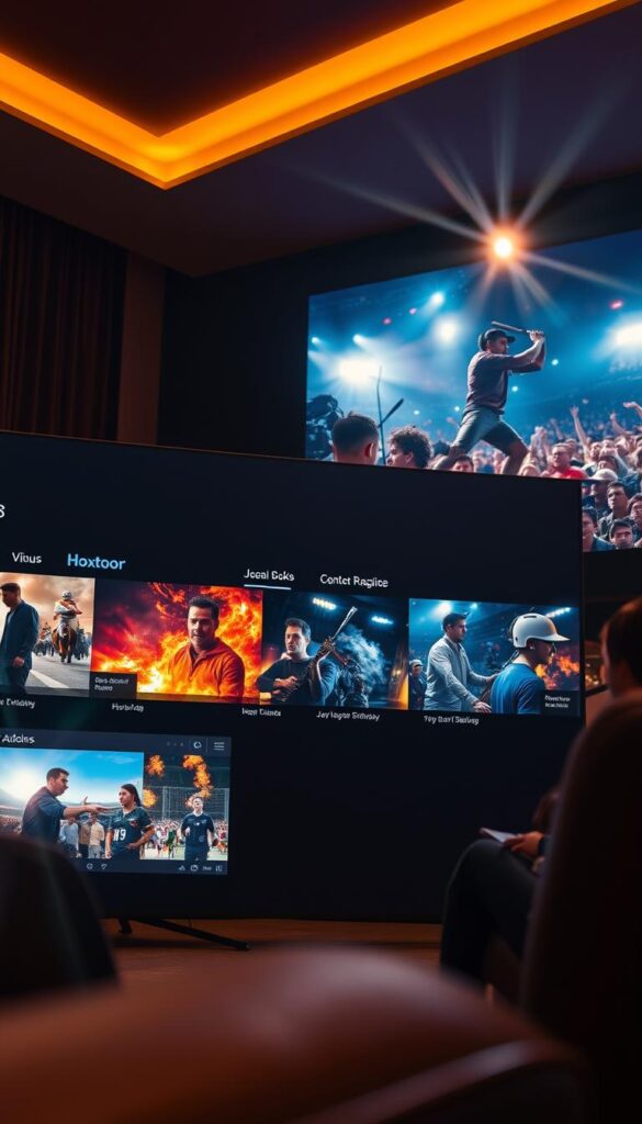 A high-quality streaming service with crystal-clear visuals, immersive sound, and seamless playback. A modern, sleek interface showcases the Hoxtoon Provider brand, featuring sharp, detailed imagery of various content types - from action-packed movies to vibrant live sports. The scene is bathed in warm, cinematic lighting, creating a cozy, theater-like atmosphere. The camera angle is slightly low, emphasizing the scale and grandeur of the experience. In the background, subtle yet striking visual effects like lens flares and depth of field blur enhance the sense of technical prowess and visual fidelity. The overall impression is one of premium, cutting-edge streaming quality that delivers an exceptional entertainment experience.