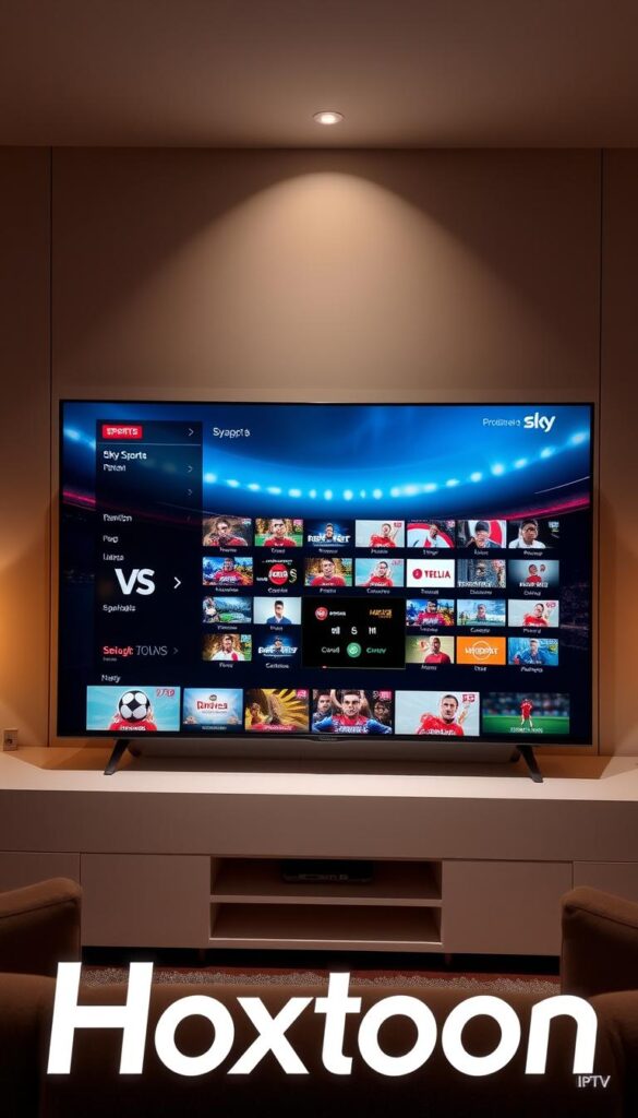 A high-quality, technologically advanced IPTV service provided by Hoxtoon, offering a vast array of live sports channels, including the acclaimed Sky Sports network. The scene depicts a sleek, modern user interface showcasing the extensive channel selection, accompanied by vivid, lifelike imagery conveying the immersive viewing experience. Warm lighting and a refined, minimalist aesthetic create a sense of professionalism and reliability, highlighting Hoxtoon Provider's commitment to delivering a seamless, premium IPTV solution for sports enthusiasts.