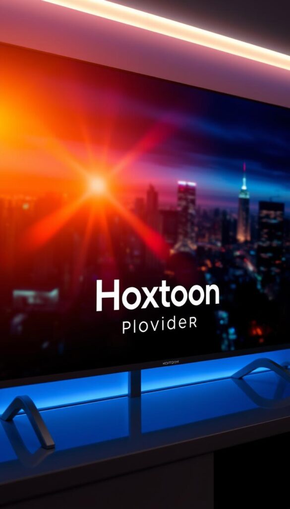 A high-quality, ultra-clear IPTV stream flowing across a sleek, modern television screen. The image is bathed in a warm, cinematic glow, with subtle lens flares dancing across the screen. In the foreground, the Hoxtoon Provider logo stands out prominently, signifying the exceptional streaming experience. The background features a blurred cityscape, hinting at the global reach and connectivity of the Hoxtoon IPTV service. The overall atmosphere conveys a sense of immersion, technological sophistication, and the future of premium television viewing.