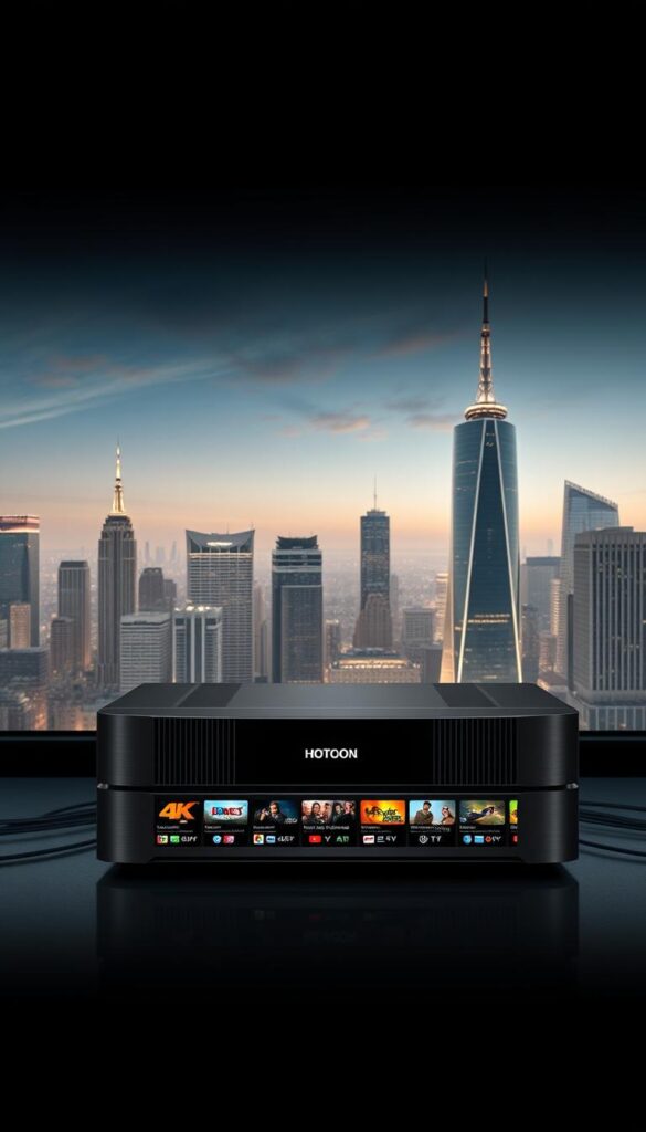 A high-quality, ultra-modern IPTV service with the Hoxtoon Provider brand. A sleek, minimalist interface showcases a vast library of 4K and HDR content. Soft lighting highlights the elegant, brushed metal hardware. An array of high-bandwidth connections enables smooth, uninterrupted streaming. In the background, a cityscape skyline with towering skyscrapers symbolizes the service's nationwide reach and enterprise-grade infrastructure. The overall impression is one of premium quality, technological sophistication, and an exceptional viewing experience for discerning users.