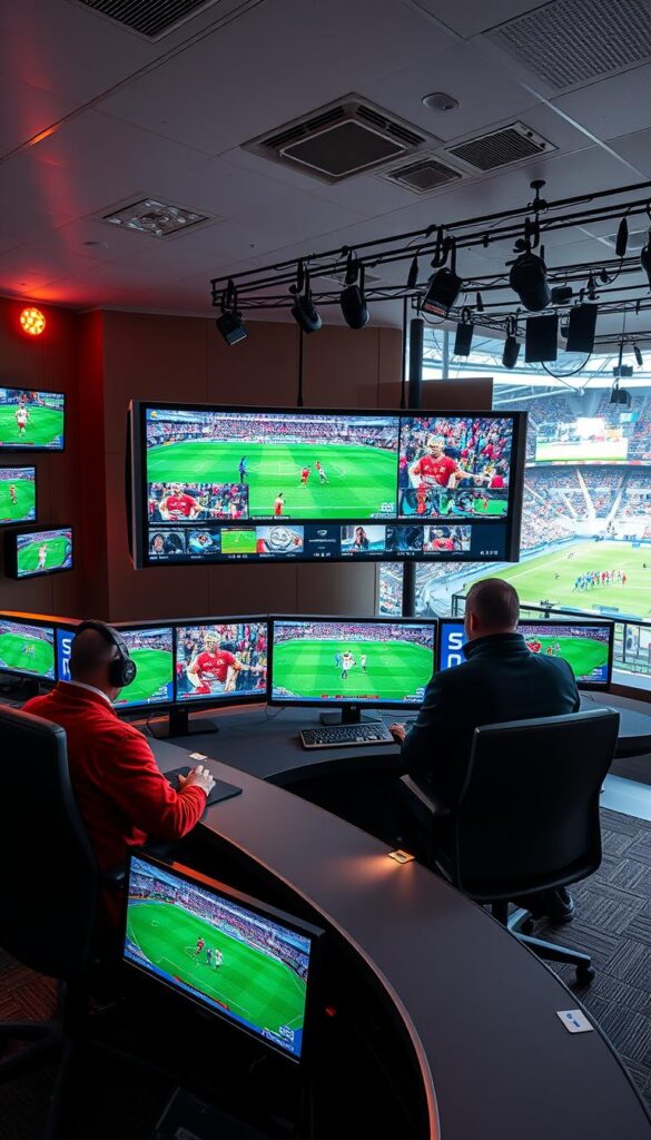 A high-quality, ultra-realistic image of a sports broadcasting studio with state-of-the-art video equipment and screens displaying various live sports feeds. The scene is brightly lit with natural and artificial lighting, showcasing the technical excellence and visual clarity of the Hoxtoon Provider IPTV sports channels. In the foreground, a large, curved video wall displays multiple sports events simultaneously, while in the middle ground, professional broadcasters are shown expertly managing the production. The background features sleek, modern studio equipment and a panoramic view of a bustling sports arena, conveying the energy and excitement of live sports events. The overall atmosphere is one of technological sophistication, seamless performance, and a premium viewing experience.