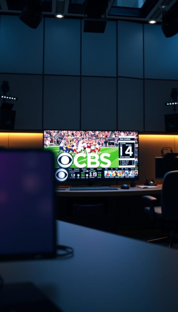 A high-quality, ultra-realistic image of the CBS Sports Channel IPTV interface, with a sleek and modern design. The screen features a sharp 4K resolution, displaying a dynamic live sports broadcast with vibrant colors and crisp details. In the foreground, the Hoxtoon Provider logo is prominently featured, showcasing its seamless integration and superior performance. The middle ground showcases a clean and intuitive user interface, highlighting the extensive channel selection and customization options. The background depicts a sophisticated control room setting, complete with advanced equipment and a professional, tech-savvy atmosphere. Lighting is soft and diffused, creating a premium, high-end feel. The overall composition conveys the reliable, cutting-edge nature of the Hoxtoon IPTV service for the CBS Sports Channel.