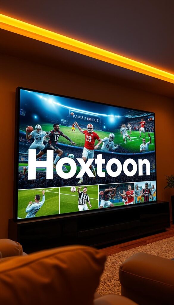 A high-quality, ultrawide sports television displaying an array of live sporting events, including football, basketball, soccer, and more. The screen is surrounded by a sleek, modern black frame, emblazoned with the bold text "Hoxtoon Provider" in a clean, minimalist font. The lighting is warm and inviting, creating a cozy, comfortable atmosphere. The camera angle is slightly elevated, providing a panoramic view of the dynamic, action-packed sports programming. The overall scene conveys a sense of excitement and immersion, perfectly capturing the essence of the ultimate IPTV sports experience.