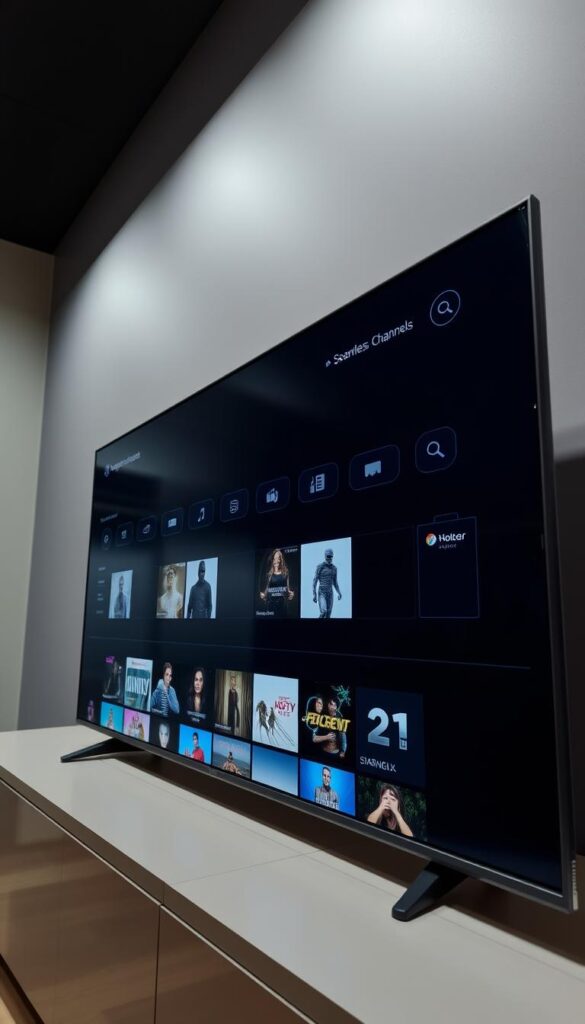 A high-quality, user-friendly IPTV interface designed by Hoxtoon Provider. The interface features a clean, intuitive layout with a prominent channel grid and search bar. A sleek, dark theme sets a premium atmosphere. The screen is evenly lit from above, casting a soft glow on the interface elements. The camera angle is slightly elevated, providing an overview of the interface's seamless navigation. Crisp, high-resolution graphics showcase thousands of available channels, movies, and live TV options. The interface conveys a sense of power and sophistication, empowering users to easily access a vast content library.