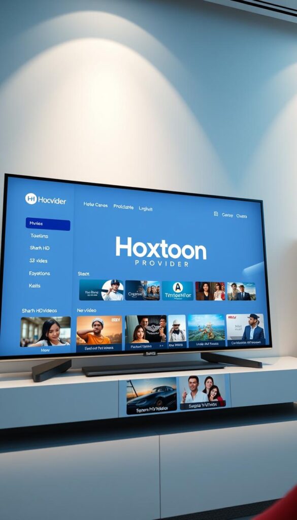 A high-quality, user-friendly IPTV service interface with the Hoxtoon Provider brand prominently displayed. The scene depicts a sleek, modern dashboard with intuitive navigation, sharp HD video thumbnails, and a visually appealing grid layout. The overall design conveys a sense of reliability, accessibility, and a premium viewing experience. Soft lighting highlights the clean, responsive interface, creating a welcoming and polished atmosphere. The camera angle captures the layout in a 3/4 perspective, allowing the viewer to appreciate the interface's thoughtful organization and visual appeal.