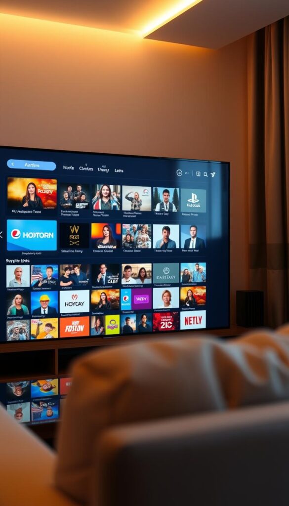 A high-quality user interface for an IPTV streaming service, showcasing the Hoxtoon Provider brand. The interface has a clean, modern design with intuitive navigation, featuring a grid of channel thumbnails, highlighting the vast content library. The scene is bathed in a warm, diffused lighting, creating a cozy and inviting atmosphere. The camera angle is slightly elevated, providing a dynamic perspective that emphasizes the breadth of the interface. The UI elements are sharp and visually appealing, reflecting the seamless user experience. The overall composition conveys a sense of professionalism and attention to detail, representative of the Hoxtoon Provider's commitment to quality.