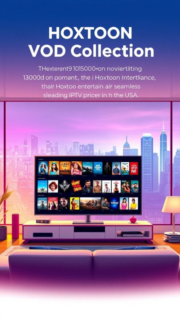 A high-quality, vibrant illustration depicting the "HOXTOON VOD Collection". In the foreground, a large, sleek television displays a diverse array of movie and TV show thumbnails, showcasing the breadth of the 150,000+ on-demand titles available through the Hoxtoon Provider platform. The middle ground features a modern, minimalist living room setting, with a comfortable couch and contemporary decor, hinting at the seamless home entertainment experience Hoxtoon offers. In the background, a cityscape with skyscrapers and a vibrant, neon-lit skyline sets the scene, highlighting Hoxtoon's position as a leading IPTV provider in the USA. The lighting is warm and inviting, creating a sense of entertainment and relaxation. The overall composition conveys the convenience, quality, and extensive content library of the Hoxtoon VOD Collection.
