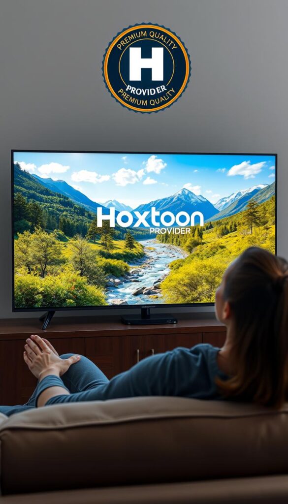 A high-quality video streaming experience on a sleek, modern TV screen. The Hoxtoon Provider logo prominently displayed, signifying premium quality and reliability. The screen shows a vibrant, high-definition nature scene with lush greenery, a flowing river, and majestic mountains in the background, captured with a wide-angle lens and excellent lighting. The foreground features a person comfortably lounging on a plush couch, fully immersed in the captivating visuals, their face reflecting the clarity and smoothness of the video playback. The overall scene conveys a sense of relaxation, enjoyment, and technological sophistication.