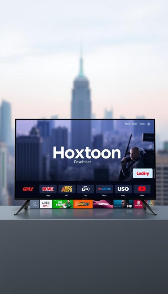 A high-quality, well-designed, and professional-looking IPTV service interface with the Hoxtoon Provider brand prominently displayed. The interface should have a clean, modern aesthetic with a mix of sleek graphics, intuitive navigation, and a comprehensive channel lineup. The background should feature a subtle, blurred cityscape or skyline to convey a sense of connectivity and global reach. The overall mood should be one of reliability, trustworthiness, and technological innovation.