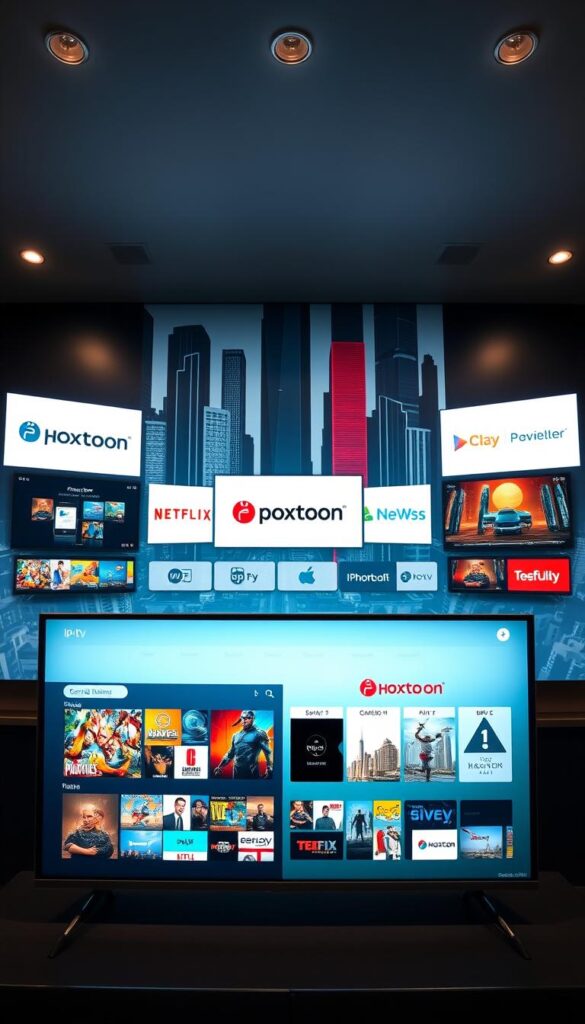 A high-quality, wide-angle comparison of premium IPTV content libraries. In the foreground, a sleek, modern display shows the Hoxtoon Provider service's expansive content selection. The middle ground showcases similar offerings from other top IPTV providers, each with its unique branding and interface. The background features a stylized, futuristic cityscape with towering skyscrapers, reflecting the technological advancements driving the IPTV industry. The lighting is crisp and evenly distributed, lending a professional, authoritative tone to the scene. The composition is balanced, drawing the viewer's eye to the central comparison of services.