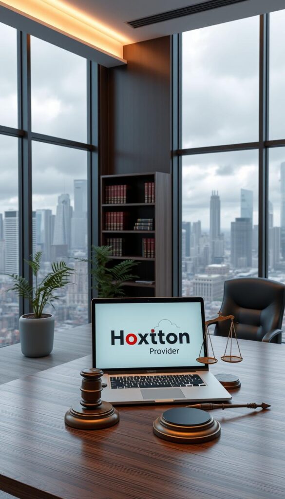 A high-resolution 3D render of a modern office interior, with a large window overlooking a cityscape. In the foreground, a sleek, dark wood desk with a laptop displaying the "Hoxtoon Provider" logo. On the desk, a gavel and scales of justice, symbolizing the legal considerations surrounding IPTV services. The middle ground features a leather office chair, a potted plant, and a bookshelf filled with legal volumes. The background showcases the cityscape outside, with skyscrapers and a cloudy, atmospheric lighting that conveys a sense of professionalism and authority.
