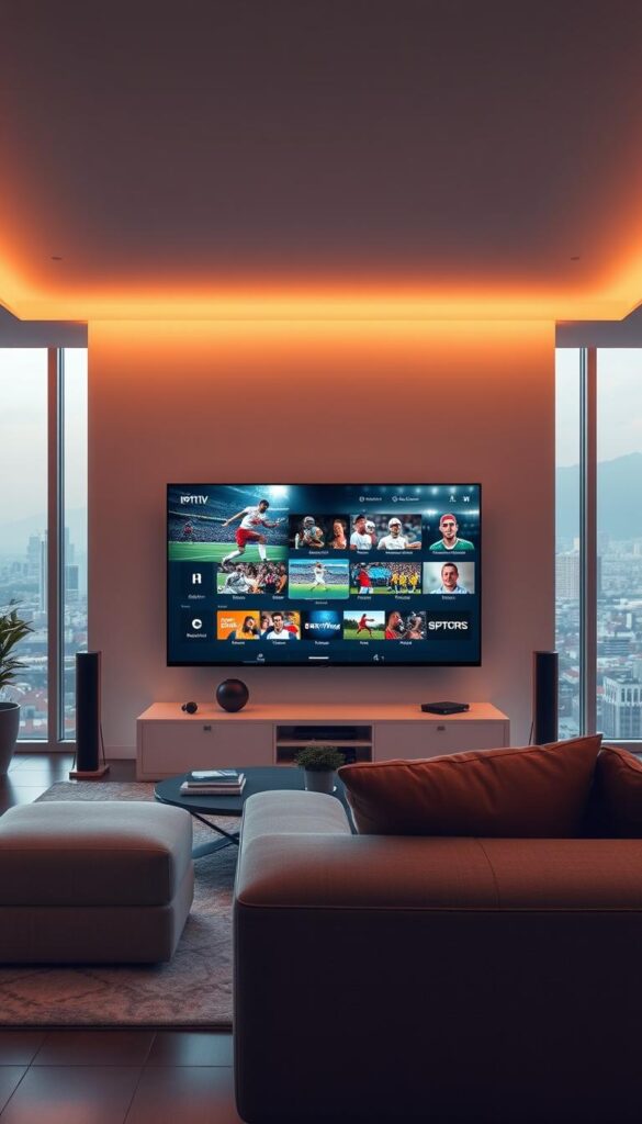A high-resolution, cinematic image of a modern living room with a large flat-screen TV displaying a variety of sports channels from the Hoxtoon Provider IPTV service. The room is bathed in a warm, ambient light, creating a cozy and immersive atmosphere. The TV screen showcases a dynamic array of sporting events, including football, basketball, and soccer, with crisp graphics and vivid colors. In the foreground, a comfortable couch and coffee table set the stage for an engaging viewing experience. The middle ground features sleek, minimalist home decor elements, while the background reveals large windows overlooking a picturesque cityscape. The overall scene conveys the modern, streamlined approach to television through the Hoxtoon Provider IPTV solution.