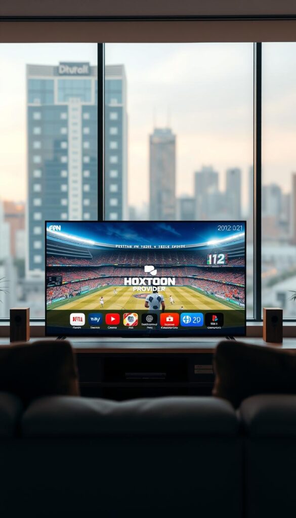 A high-resolution, cinematic image of a vibrant sports streaming interface on a widescreen television. The scene is set in a cozy living room, with soft lighting and a comfortable sofa in the foreground. In the center, the television displays a dynamic, real-time feed of a popular sporting event, showcasing the Hoxtoon Provider logo prominently. The middle ground features various streaming platform icons and navigation controls, while the background depicts a blurred cityscape through a large window, suggesting the urban setting. The overall atmosphere conveys a sense of excitement and convenience for the viewer, inviting them to immerse themselves in the live sports experience.