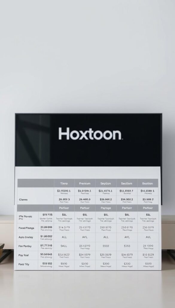 A high-resolution, detailed image showcasing the subscription plans offered by the Hoxtoon Provider. The foreground features a clean, minimalist table displaying the various IPTV service tiers, with concise and informative pricing details. The middle ground depicts the Hoxtoon logo prominently, conveying the brand's identity. The background maintains a soft, muted tone, allowing the key information to take center stage. The overall composition is visually striking, with a professional, premium aesthetic that effectively communicates the breadth of Hoxtoon's IPTV offerings.
