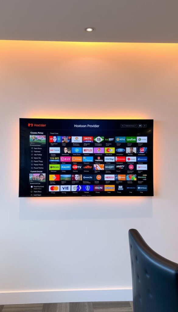 A high-resolution digital display showcasing a vibrant and comprehensive IPTV sports channel list, presented in a sleek and visually appealing m3u format. The display features a clean, modern layout with a neutral color palette, allowing the content to take center stage. The channels are organized into distinct categories, making it easy to navigate and find the desired sports programming. Warm, diffused lighting illuminates the display, creating a professional and inviting atmosphere. The Hoxtoon Provider logo is prominently displayed, emphasizing the brand's quality and reliability in delivering this extensive IPTV sports channel selection.