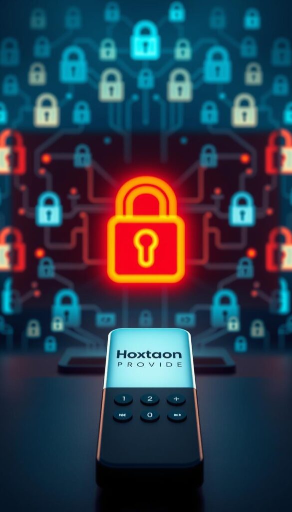 A high-resolution digital illustration depicting a secure and private IPTV service. In the foreground, a Firestick device is prominently displayed, its screen illuminated with the Hoxtoon Provider logo. The middle ground features a padlock icon, symbolizing the security and encryption protocols that protect user data and streaming content. In the background, a series of lock icons and digital security elements create a visually striking, technologically advanced atmosphere. The lighting is a combination of cool, blue-tinted tones and soft, diffused illumination, conveying a sense of professionalism and trustworthiness. The overall composition is clean, minimalist, and focused on communicating the key security and privacy aspects of using IPTV on a Firestick device with the Hoxtoon Provider service.