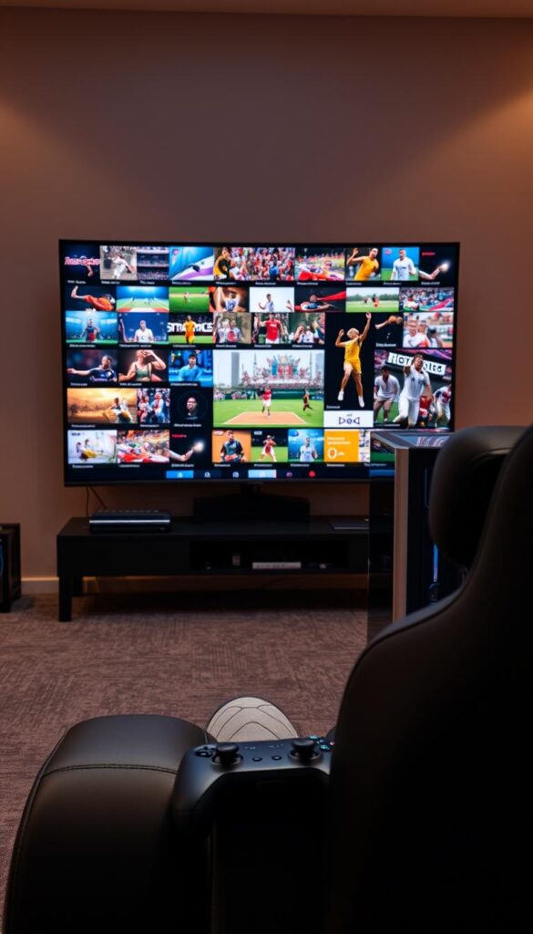 A high-resolution image of a modern sports entertainment setup, showcasing a wide range of sports content available on the Hoxtoon Provider IPTV service. In the foreground, a large, flat-screen TV displays a diverse selection of live sporting events, from soccer and basketball to tennis and motorsports. The middle ground features an ergonomic gaming setup, with a sleek, high-end PC and a premium gaming controller, hinting at the vast array of interactive sports-related content. The background subtly incorporates Hoxtoon Provider's branding, with subtle logo placement and a clean, minimalist design aesthetic. The lighting is warm and inviting, creating a cozy and immersive atmosphere for the sports enthusiast. The overall composition conveys the idea of a comprehensive, top-tier IPTV service that caters to the diverse needs of sports fans.