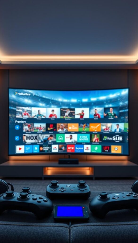 A high-resolution image of a sleek, modern sports entertainment setup featuring the Hoxtoon Provider brand. The foreground showcases a large, curved OLED display with crisp, vibrant visuals of various premium sports channels. The middle ground has several high-end remote controls and gaming controllers, hinting at the interactivity and customization available. The background depicts a minimalist, dimly lit home theater environment with subtle ambient lighting, creating an immersive atmosphere. The overall scene conveys a sense of premium, cutting-edge sports entertainment experience powered by the Hoxtoon Provider platform.