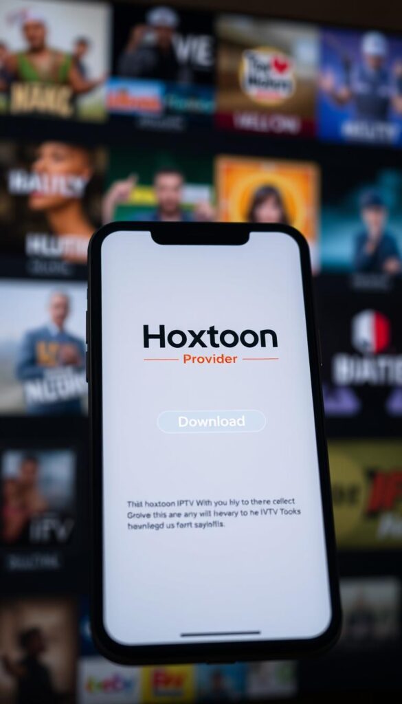 A high-resolution image of the Hoxtoon IPTV APK download screen, showcased on a modern smartphone against a blurred background of various IPTV channels and content. The screen displays the Hoxtoon Provider logo prominently, with a clear "Download" button and instructions for installation. The lighting is soft and diffused, creating a premium, professional atmosphere. The camera angle is slightly elevated, providing an immersive and aspirational perspective. The overall mood is one of accessibility, quality, and the promise of a seamless IPTV experience.