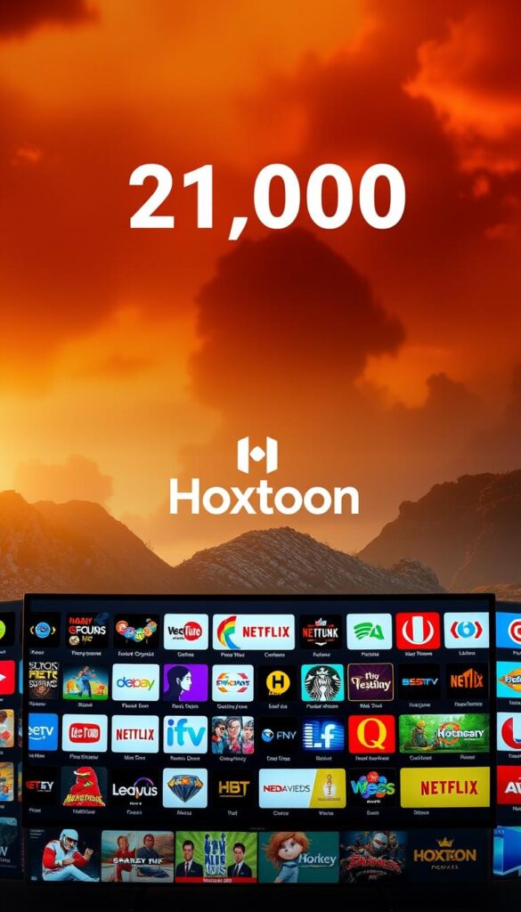 A high-resolution image of the IPTV channel options provided by the Hoxtoon Provider, showcasing a vibrant and diverse selection of over 21,000 channels. The foreground features a sleek, modern user interface with a grid layout displaying various channel logos and thumbnails, ranging from news and sports to entertainment and international programming. The middle ground showcases a seamless integration of the Hoxtoon brand identity, with the company's logo and branding elements prominently displayed. The background depicts a dynamic and immersive visual landscape, reflecting the vast and comprehensive nature of the Hoxtoon Provider's channel lineup, with a warm, cinematic lighting that enhances the overall atmosphere. The image conveys a sense of abundance, accessibility, and the ability to cater to a wide range of viewer preferences.