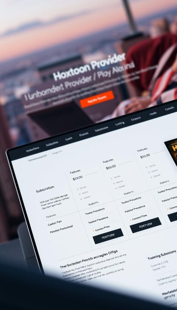A high-resolution photograph of a sleek, modern website interface displaying the subscription plans offered by the "Hoxtoon Provider" IPTV service. The layout features a clean, minimalist design with clear pricing tiers, features, and call-to-action buttons. The foreground showcases various plan options with detailed descriptions, while the background has a blurred, out-of-focus cityscape, conveying a sense of a premium, professional service. The lighting is soft and even, highlighting the website's elegant aesthetic. The camera angle is slightly tilted, adding depth and dynamism to the composition.
