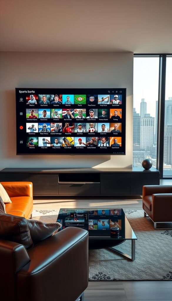 A high-resolution photograph of a spacious and modern entertainment room, showcasing a large, sleek TV screen prominently displaying a diverse selection of IPTV sports channels. The room is bathed in warm, natural lighting, with a clean, minimalist aesthetic. In the foreground, a comfortable leather sofa and matching armchair invite viewers to sit and enjoy the extensive on-demand sports content from the Hoxtoon Provider's 150,000+ VOD library. The middle ground features a modern, glass-topped coffee table, while the background reveals a floor-to-ceiling window overlooking a bustling city skyline, creating a sense of urban sophistication.