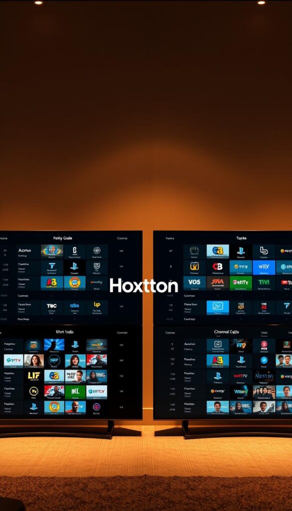 A high-resolution, photorealistic comparison of IPTV channel guides from various providers, showcasing Hoxtoon Provider's service alongside its competitors. The image should feature a sleek, minimalist layout with clear side-by-side channel grids, highlighting the comprehensive channel lineups, video quality, and user interface of each provider. The scene should be bathed in a warm, soft lighting that creates a professional, authoritative atmosphere, shot from a slightly elevated angle to convey a sense of curation and expertise. The Hoxtoon Provider branding should be prominently displayed, standing out from the other providers through thoughtful composition and design.