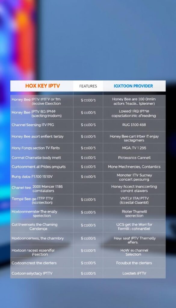A high-resolution, photorealistic comparison of two IPTV service providers, Honey Bee IPTV and Hoxtoon Provider, presented in a clean, professional manner. The image showcases the key features, pricing, and channel selections of each service side-by-side, with a sleek, minimal layout and a focus on clear, concise information. Vibrant colors, sharp details, and a subtle depth of field create a visually striking and informative display, allowing the viewer to easily evaluate the differences between the two IPTV options.