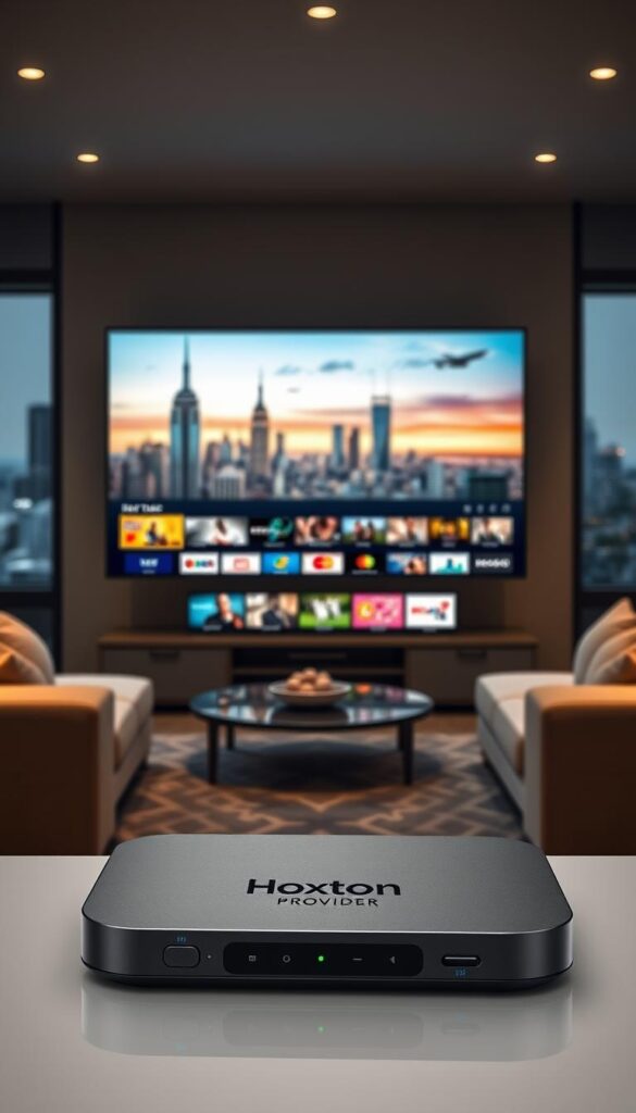 A high-resolution, photorealistic image of an IPTV streaming service in the United States. In the foreground, a modern, sleek streaming device with the Hoxtoon Provider brand name prominently displayed. The device is connected to a flatscreen TV, showcasing a vibrant, immersive IPTV interface with a diverse selection of live channels and on-demand content. The middle ground features a cozy living room setting, with comfortable furniture and ambient lighting, creating a relaxed and inviting atmosphere. In the background, a cityscape of skyscrapers and landmarks representing the United States, symbolizing the nationwide availability of the IPTV service. The overall scene conveys the seamless integration of technology and entertainment, transforming the viewer's experience with the power of IPTV.
