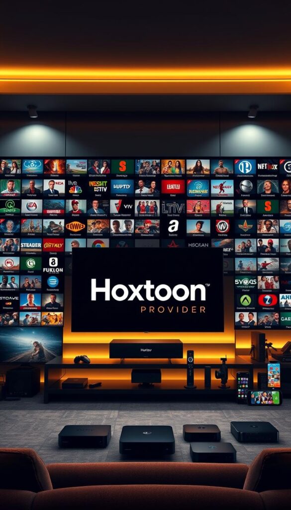 A high-resolution, photorealistic image of the "Hoxtoon Provider" IPTV service. Showcasing its vast library of over 21,000 live TV channels and 150,000 video-on-demand titles against a sleek, modern backdrop. The Hoxtoon logo prominently displayed, surrounded by an array of smart TV devices, streaming boxes, and mobile devices to illustrate its wide platform support. Warm lighting illuminates the scene, creating a premium, professional atmosphere. The image conveys the scale, quality, and convenience of America's premier IPTV provider.