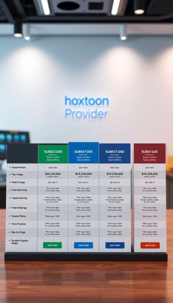 A high-resolution, professional-looking image of Hoxtoon Provider's subscription plans and pricing. The foreground features a clean, minimalist table showcasing the various subscription tiers, plan details, and pricing in an organized layout. The middle ground includes subtle Hoxtoon branding elements, such as the logo and color scheme. The background depicts a modern, tech-inspired setting with soft lighting and a sense of sophistication. The overall composition conveys a clear, informative, and visually appealing presentation of Hoxtoon's subscription offerings.