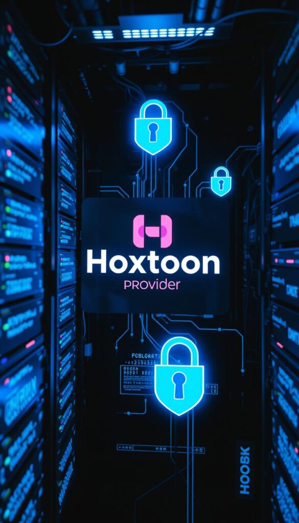 A high-security network hub with Hoxtoon Provider's logo prominently displayed, surrounded by encrypted data streams, firewall icons, and security protocols. The scene is lit with a cool, blue-tinged lighting, creating a sense of technological sophistication. The camera angle is from a slightly elevated perspective, giving the impression of a control room or command center overseeing the security operations. The overall mood is one of confidence, reliability, and cutting-edge technology protecting sensitive information.