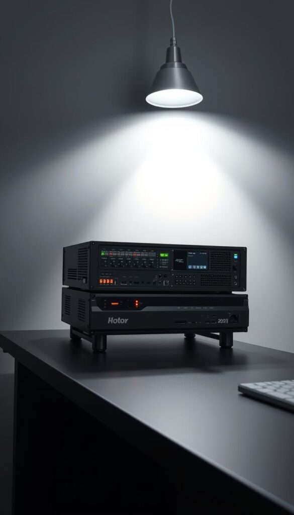 A high-tech 4K IPTV encoder console, meticulously crafted by the Hoxtoon Provider, sits atop a sleek, modern workstation. Precision-engineered components and glowing indicator lights suggest advanced video processing capabilities. A softly diffused overhead light illuminates the scene, casting gentle shadows and highlighting the encoder's intricate design. The composition showcases the device's technical prowess, while a subtle grey backdrop maintains a professional, minimalist aesthetic. This powerful 4K IPTV encoder represents the cutting edge of streaming technology, ready to deliver an unparalleled viewing experience.