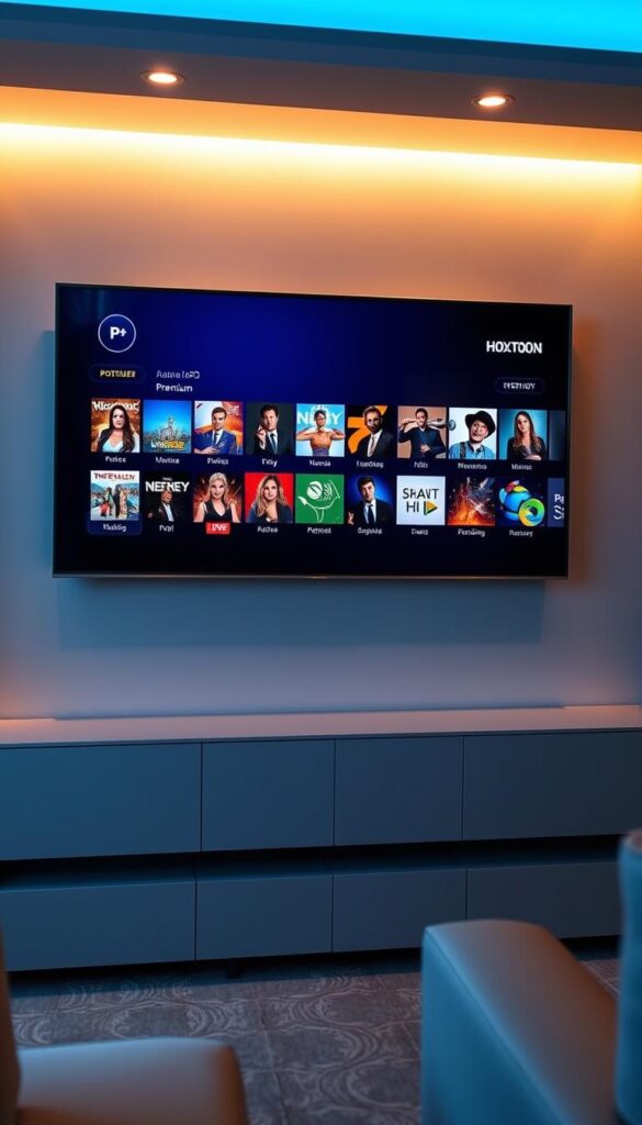 A high-tech IPTV subscription service interface, showcasing the Hoxtoon Provider brand. Sleek and modern, with a clean, user-friendly design. The screen displays a wide selection of premium HD channels, with crisp, vibrant visuals and smooth, uninterrupted streaming. Subtle blue and gray hues create a calming, professional atmosphere. A discreet Hoxtoon logo in the corner subtly reinforces the brand. The layout is well-organized, with intuitive navigation, highlighting Hoxtoon's advanced XTREME HD IPTV quality and capabilities. The scene is illuminated by warm, indirect lighting, casting a soft glow and enhancing the premium feel of the experience.