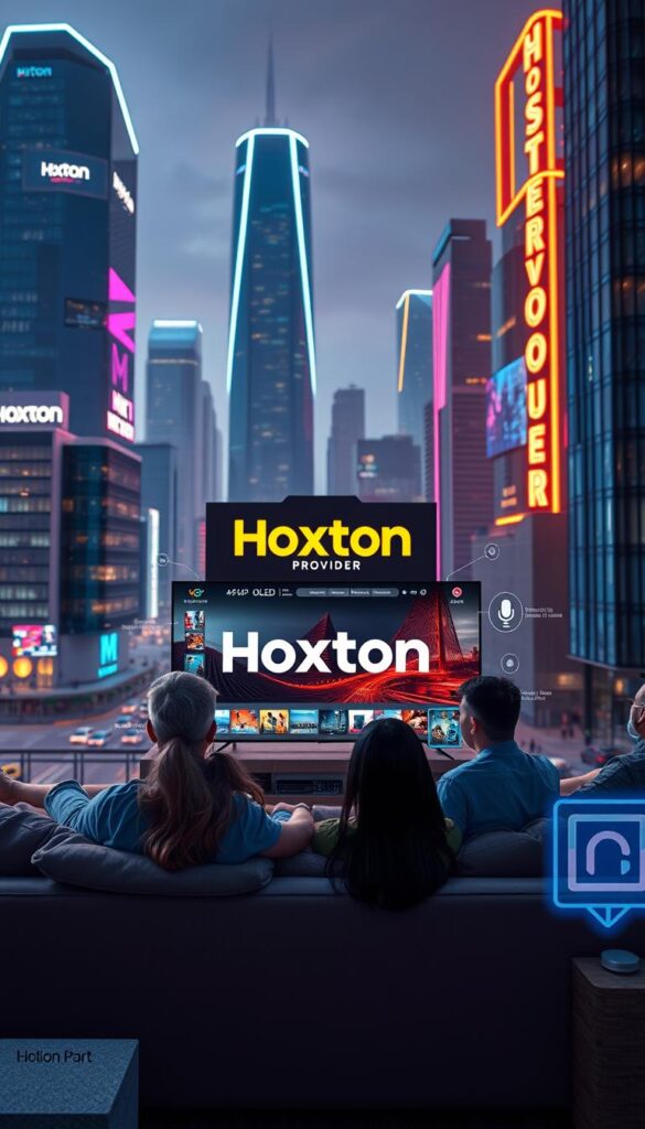 A high-tech cityscape with sleek, futuristic buildings and glowing neon signs showcasing the Hoxtoon Provider brand. In the foreground, a family relaxes on a plush couch, their eyes fixed on a 4K OLED TV displaying crystal-clear IPTV content. Surrounding them, holographic interfaces and voice-controlled smart home devices illustrate the seamless integration of IPTV technology into modern living. The scene is bathed in a warm, ambient lighting, conveying a sense of comfort and convenience in the era of advanced TV streaming.
