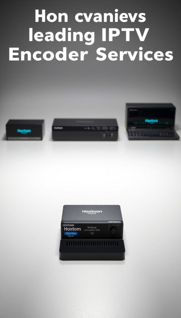 A high-tech comparison of leading IPTV encoder services, with a sleek, minimalist design. In the foreground, a lineup of modern, state-of-the-art IPTV encoder devices, each with distinct branding and features. In the middle ground, a clean, well-lit table showcases the encoders, captured from a slightly elevated angle with crisp, detailed textures. The background is a soft, gradient-based environment, providing a sense of depth and focus on the products. Subtle lighting casts dynamic shadows, highlighting the contours and materials of the encoders. The Hoxtoon Provider encoder is prominently featured, its branding and design elements standing out among the competition.