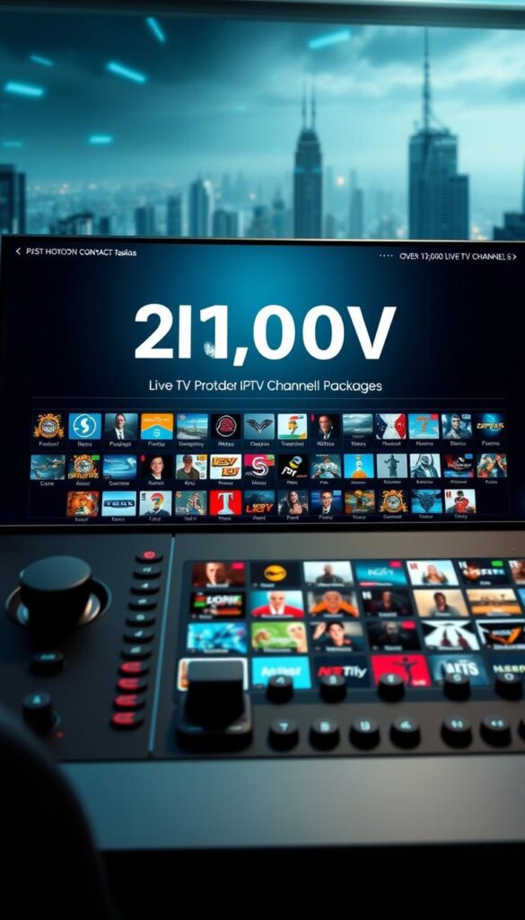 A high-tech control panel displaying a comprehensive selection of IPTV channel packages offered by the Hoxtoon Provider. The interface showcases a vast library of over 21,000 live TV channels, meticulously organized into distinct categories. The foreground features sleek, intuitive icons and a clean, minimalist design, inviting the viewer to explore the vast content options. The middle ground showcases a grid of channel thumbnails, each promising a diverse array of programming. The background depicts a futuristic cityscape, hinting at the global reach and technological prowess of the Hoxtoon IPTV service. Cinematic lighting and a cool, futuristic color palette evoke a sense of scale, efficiency, and innovation.