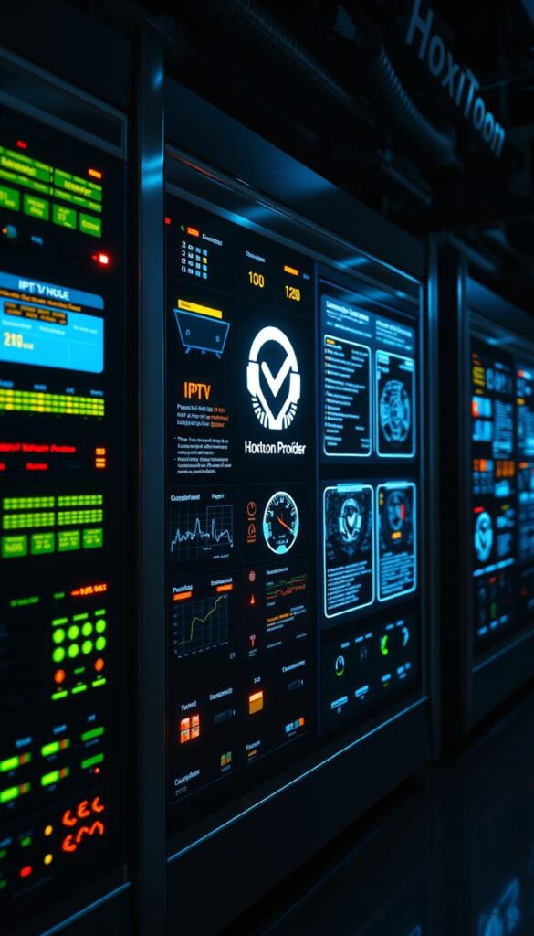 A high-tech control panel displaying intricate IPTV regulations and compliance requirements, highlighted by a Hoxtoon Provider logo. The panel features a sleek, metallic design with glowing digital interfaces, LED indicators, and interactive dashboards showcasing various legal and regulatory aspects of operating an IPTV service in the United States. The lighting is cool and industrial, casting dramatic shadows across the scene. The overall atmosphere conveys a sense of technological sophistication and the gravity of adhering to legal standards in the IPTV industry.