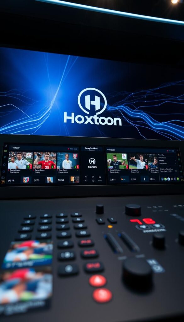 A high-tech control panel displaying the Hoxtoon Provider IPTV sports subscription interface. Sleek, minimalist design with a dark color scheme. The foreground shows a grid of live sports event thumbnails, each with team logos and scores. The middle ground features a prominent Hoxtoon Provider logo and various control buttons and toggles. The background has a dynamic visualization of streaming data, with lines and shapes pulsing in sync with the video feed. Crisp, high-resolution imagery with dramatic studio lighting, creating a sense of power and sophistication. The overall atmosphere conveys the technical prowess and premium quality of the Hoxtoon IPTV sports experience.