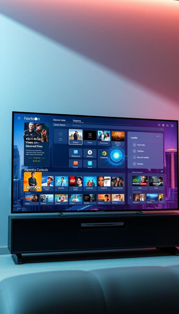 A high-tech control panel of the Hoxtoon Provider, with a sleek and modern design. The display shows various advanced features and functionalities, including a vast library of over 150,000 video-on-demand titles, live TV channels, parental controls, and personalized recommendations. The interface is intuitive and easy to navigate, with smooth animations and vibrant colors. The background features a futuristic cityscape, hinting at the cutting-edge technology powering the Hoxtoon ecosystem. Soft, directional lighting illuminates the scene, creating a sense of sophistication and authority. The overall atmosphere conveys the reliable and feature-rich nature of the Hoxtoon Provider platform.