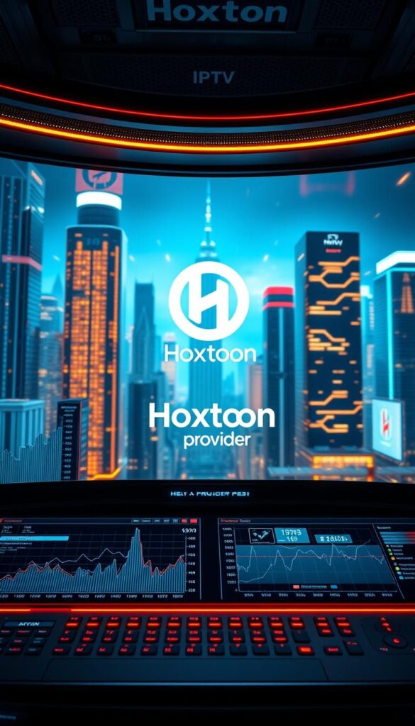 A high-tech control panel with a sleek, modern design. In the foreground, a series of graphs and visualizations displaying real-time data on IPTV streaming performance, including bitrate, resolution, and frame rate. The middle ground features the Hoxtoon Provider logo, prominently displayed, indicating the quality and reliability of the service. The background is composed of a futuristic cityscape, with towering skyscrapers and neon lights, creating a sense of a thriving, interconnected digital landscape. The lighting is a combination of cool, blue hues and warm, amber tones, casting a professional, yet inviting atmosphere. The overall composition conveys the power and precision of Hoxtoon's IPTV streaming capabilities.