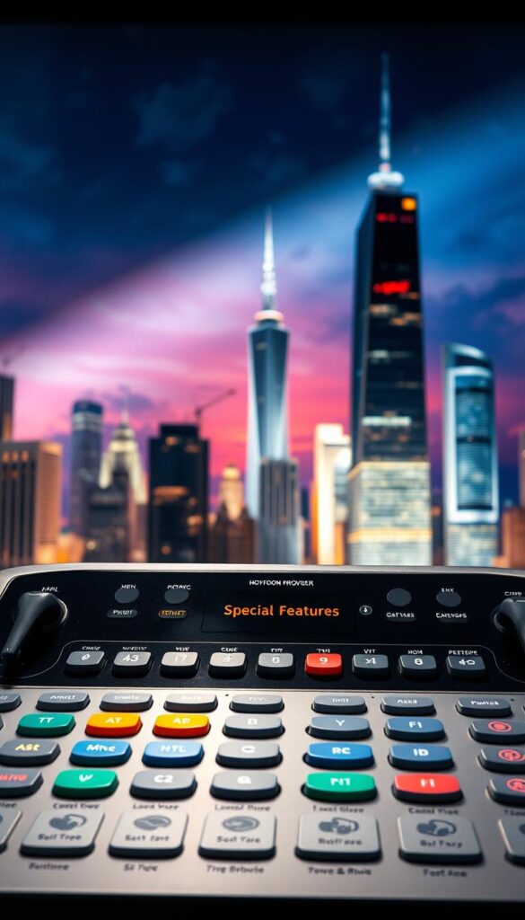 A high-tech control panel with a sleek, modern design. In the foreground, an array of colorful buttons and toggles representing the "Special Features" of the Hoxtoon Provider IPTV service. The background features a vibrant cityscape with towering skyscrapers, hinting at the global reach and advanced technology powering the service. Dramatic lighting casts shadows and highlights the intricate details of the control panel, creating a sense of depth and sophistication. The overall mood is one of innovation, connectivity, and the future of home entertainment.