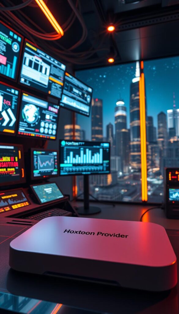 A high-tech control room filled with glowing digital screens, cables, and server racks. In the foreground, a sleek futuristic IPTV device with the Hoxtoon Provider logo prominently displayed. Warm lighting casts a soft glow, creating an atmosphere of advanced technology and innovation. The middle ground showcases complex data visualizations and real-time streaming analytics, hinting at the power and capabilities of IPTV. In the background, a cityscape with skyscrapers and a starry night sky, symbolizing the global reach and ubiquity of IPTV technology. The scene conveys a sense of the future of television entertainment, seamlessly blending hardware, software, and connectivity.