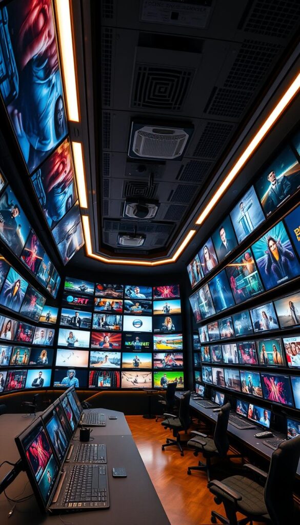 A high-tech control room, filled with rows of sleek, high-resolution displays showcasing a diverse array of premium IPTV channels from the Hoxtoon Provider. The screens flicker with vibrant, lifelike imagery, capturing the essence of a vast library of entertainment options. Soft, diffused lighting casts a warm glow over the scene, creating a sense of technological sophistication. The camera angle offers a comprehensive view, emphasizing the scale and technical prowess of this cutting-edge IPTV infrastructure. Subtle details, such as the unobtrusive branding and intuitive user interfaces, convey the seamless, high-quality streaming experience that the Hoxtoon Provider delivers.