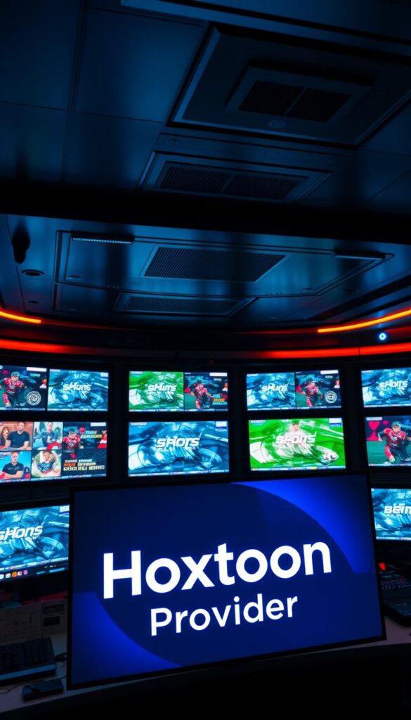 A high-tech control room with rows of monitors displaying various IPTV channels, including Bein Sports. The room is dimly lit, with a sleek and modern design featuring smooth metallic surfaces and neon accents. In the foreground, the "Hoxtoon Provider" logo is prominently displayed on a large display, highlighting its role as a premier IPTV service. The overall atmosphere conveys a sense of cutting-edge technology and a comprehensive entertainment solution.