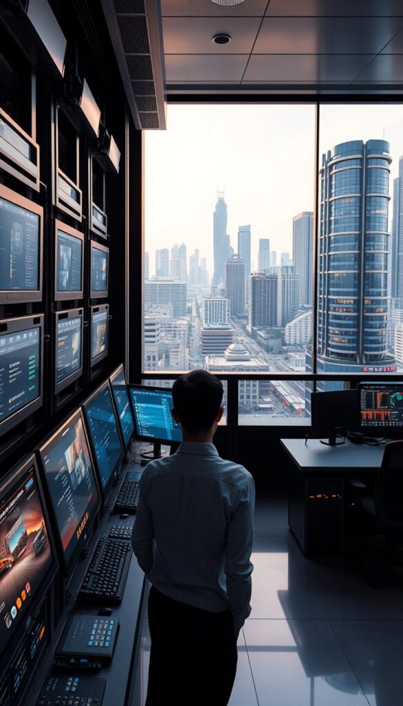 A high-tech control room with rows of sleek monitors and servers, casting a warm glow across the space. In the foreground, a technician in a crisp uniform monitors the Hoxtoon Provider IPTV system, analyzing data and ensuring seamless premium service delivery. The background features a cityscape of Jakarta, Indonesia, with towering skyscrapers and bustling streets, hinting at the growing demand for cutting-edge IPTV solutions. Soft, directional lighting emphasizes the professional, futuristic atmosphere, conveying the reliability and sophistication of the Hoxtoon Provider premium IPTV services.
