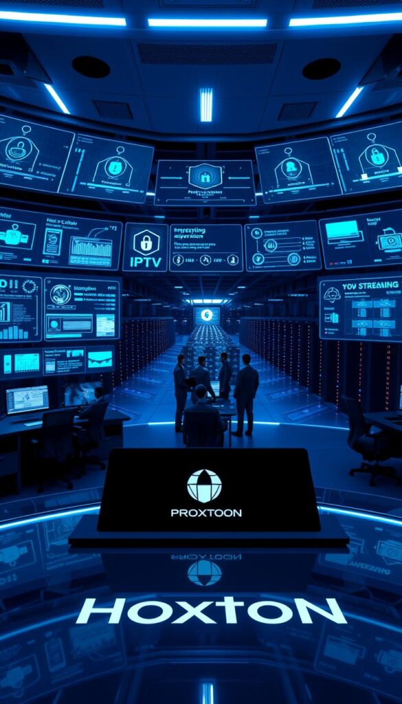 A high-tech cybersecurity control room with multiple holographic displays showcasing IPTV security protocols, encryption algorithms, and threat monitoring analytics. The room is bathed in a cool, neon-blue glow, creating an atmosphere of technological sophistication. In the foreground, a sleek, glass-topped desk features the Hoxtoon Provider logo, signifying the company's commitment to secure streaming. The middle ground depicts a team of cybersecurity experts in futuristic uniforms, analyzing data and coordinating defensive measures. The background is a panoramic view of a sprawling data center, with rows of server racks and blinking indicator lights. The overall scene conveys a sense of digital fortress, where the Hoxtoon Provider safeguards its users' streaming experience with cutting-edge security solutions.